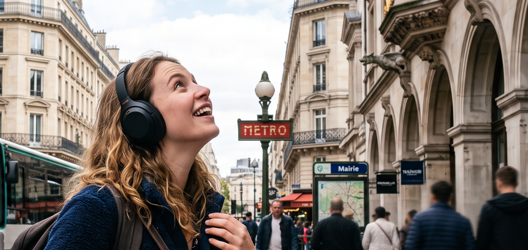 Une promeneuse traverse une rue, tête haute, écouteurs aux oreilles